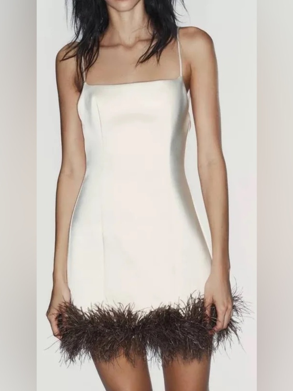 NWT Zara Ivory Satin Spaghetti-Strap Mini Dress with Feather Trim